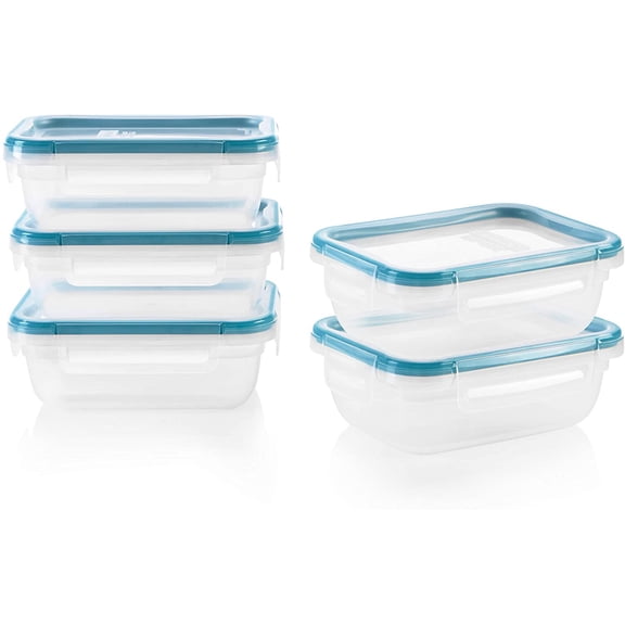 Plastic Total Solution 5-Pack (3-Cup) Food Storage Containers Set, Leakproof & Airtight Plastic Locking Lids Rectangular Tupperware, Non-Toxic BPA-Free Lids, Microwave Dishwasher Freezer Safe