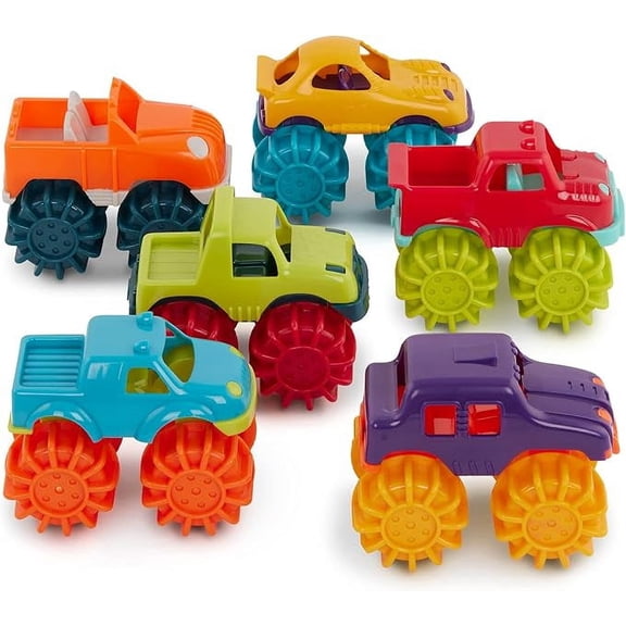 Plastic Toy Cars 6-Pack & Storage Bag Colorful Toddler Trucks Easy To Clean 2 Years + Mini Monster Trucks