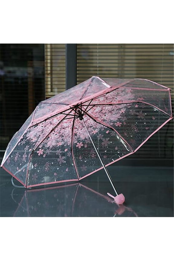 Plastic Transparent Folding Light Purple Cherry Flower Blossom Umbrella,Rain & Windproof Umbrella, Clear Umbrellas for Rain, for Daily Use and Outdoor (Pink)
