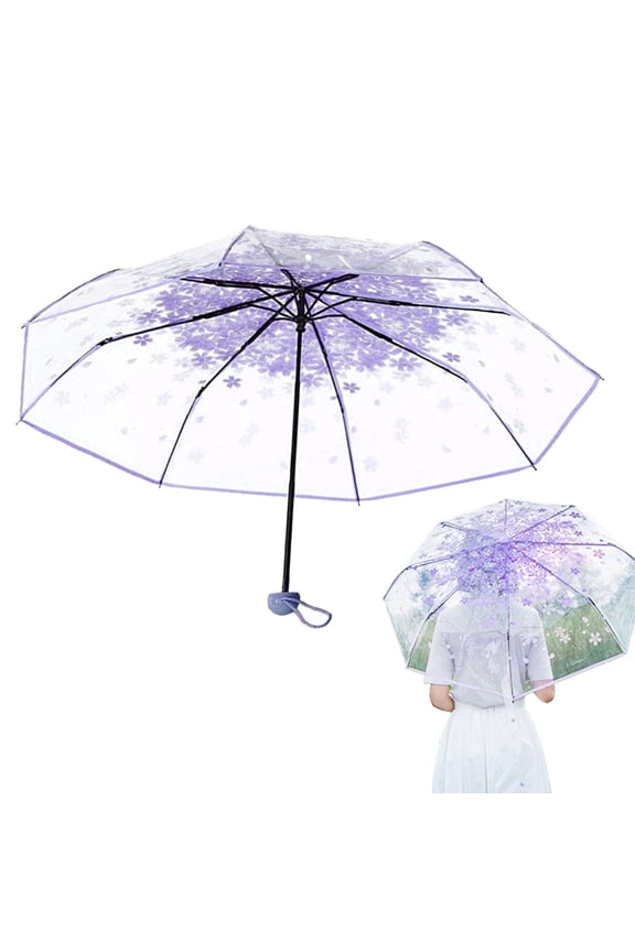 Plastic Transparent Folding Light Purple Cherry Flower Blossom Umbrella, Travel Clear Floral Rain Umbrella Outdoor Fashionable Windproof for Adult Kids Girls Princess Women