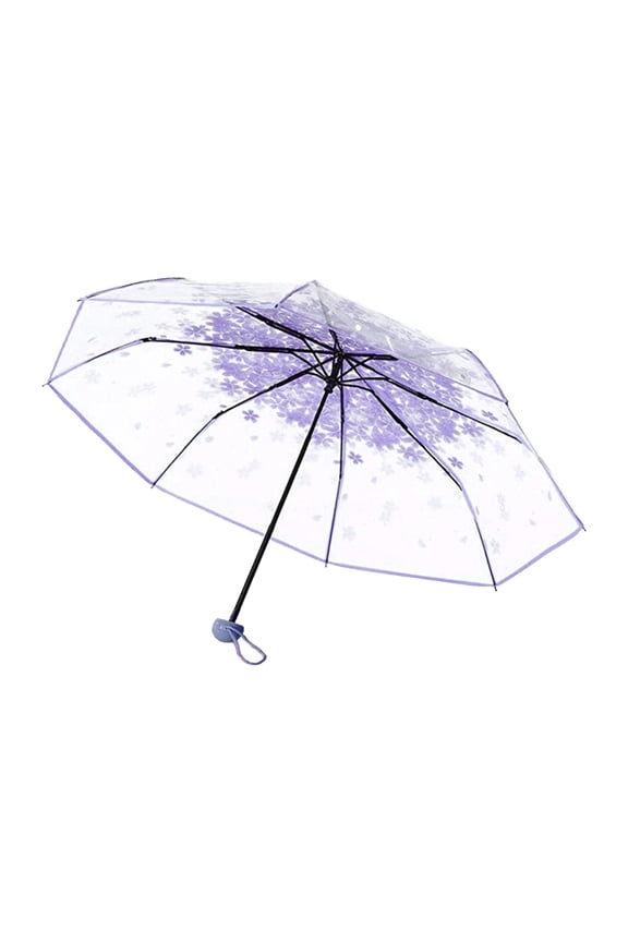 Plastic Transparent Folding Light Purple Cherry Flower Blossom Umbrella, Travel Clear Floral Rain Umbrella Outdoor Fashionable Windproof for Adult Kids Girls Princess Women