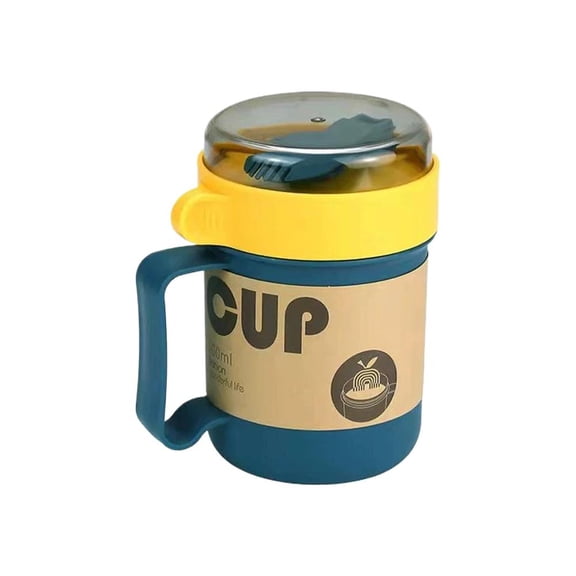 Plastic Travel Mug with Lid & Cutlery 500ml 11x14cm, Secure Locking Cup with Built in Spoon Fork, PP Liner Steam Vent for Coffee Soup Oatmeal