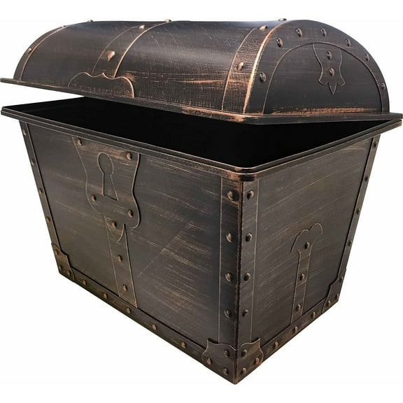 Plastic Treasure Chest, Pirate Theme Storage Box with Easy Open Lid, Oil Rubbed Bronze Finish, 9.5x13x10.25 Inch Toy Chest for Party Favors Classroom Rewards Treasure Hunt Games