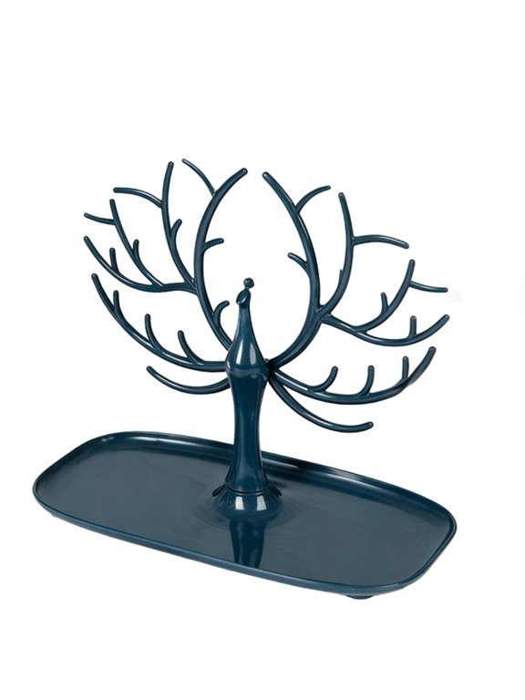 Plastic Tree Jewelry Display Stand, Necklace and Ring Holder, Hanging Jewelry Organizer Tree Tower Rack with Bottom Tray, Cyan, 9.8 x 4.3 x 8.1 in / 25 x 11 x 20.5 cm, Save Space