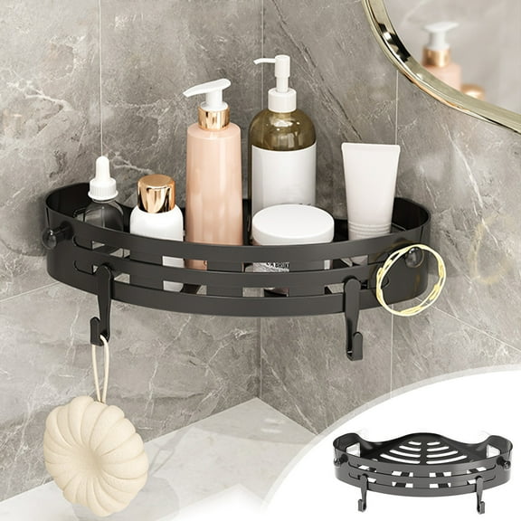 Plastic Triangle Bathroom Shelf, Wall Mounted Toilet Storage Organizer with Two Hooks, No-Drill Rack for Towels and Toiletries, Space Saving Corner Shelf, White