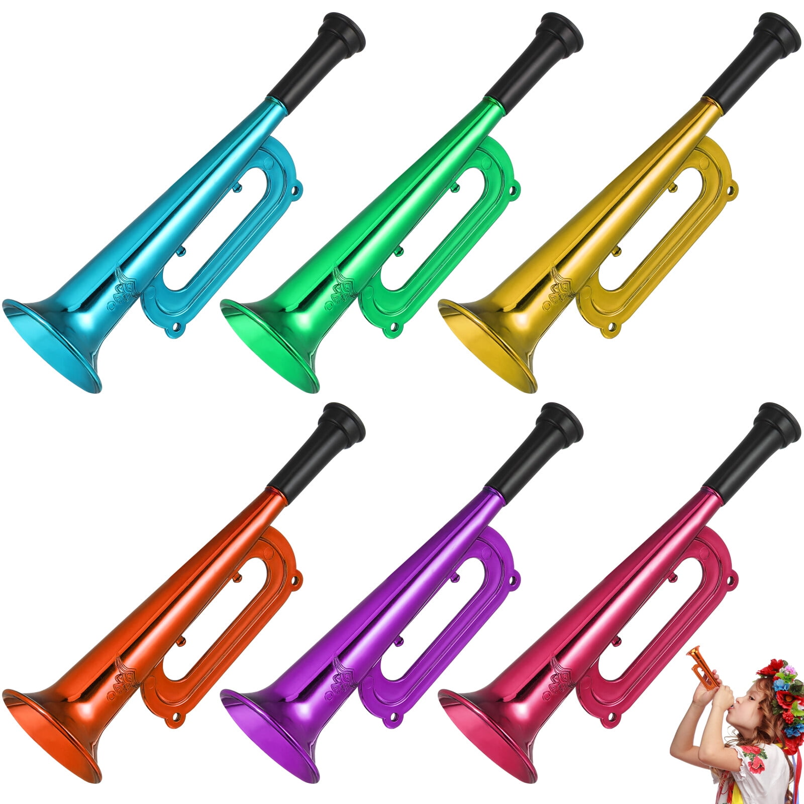 Plastic Trumpet Toys 6 Pack Shiny Plastic Blow Horn for Kids, Party Favor, Music Class