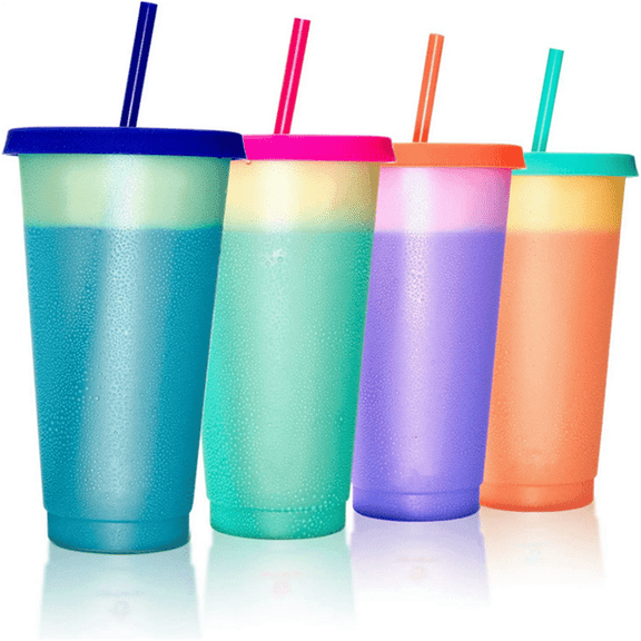 Plastic Tumblers with Lids and Sts, 4 Packs 24oz Color Changing Cups, Thick Plastic Cups With Lids and Sts, Reusable Color Changing Cups for Kids and Adult, Party Smoothie Cup