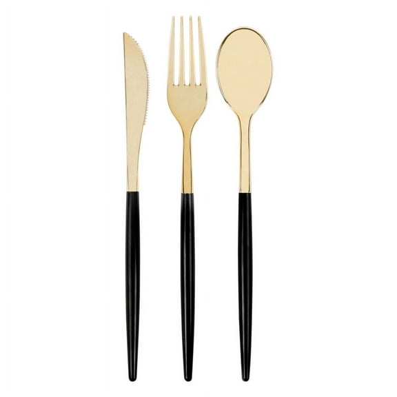 Plastic Two Tone Gold Black Disposable Silverware 32 Piece Heavy Duty Cutlery Set with 16 Forks, 8 Spoons & 8 Knives Elegant Reusable Flatware Utensils for Home Wedding Party by HomeyGear
