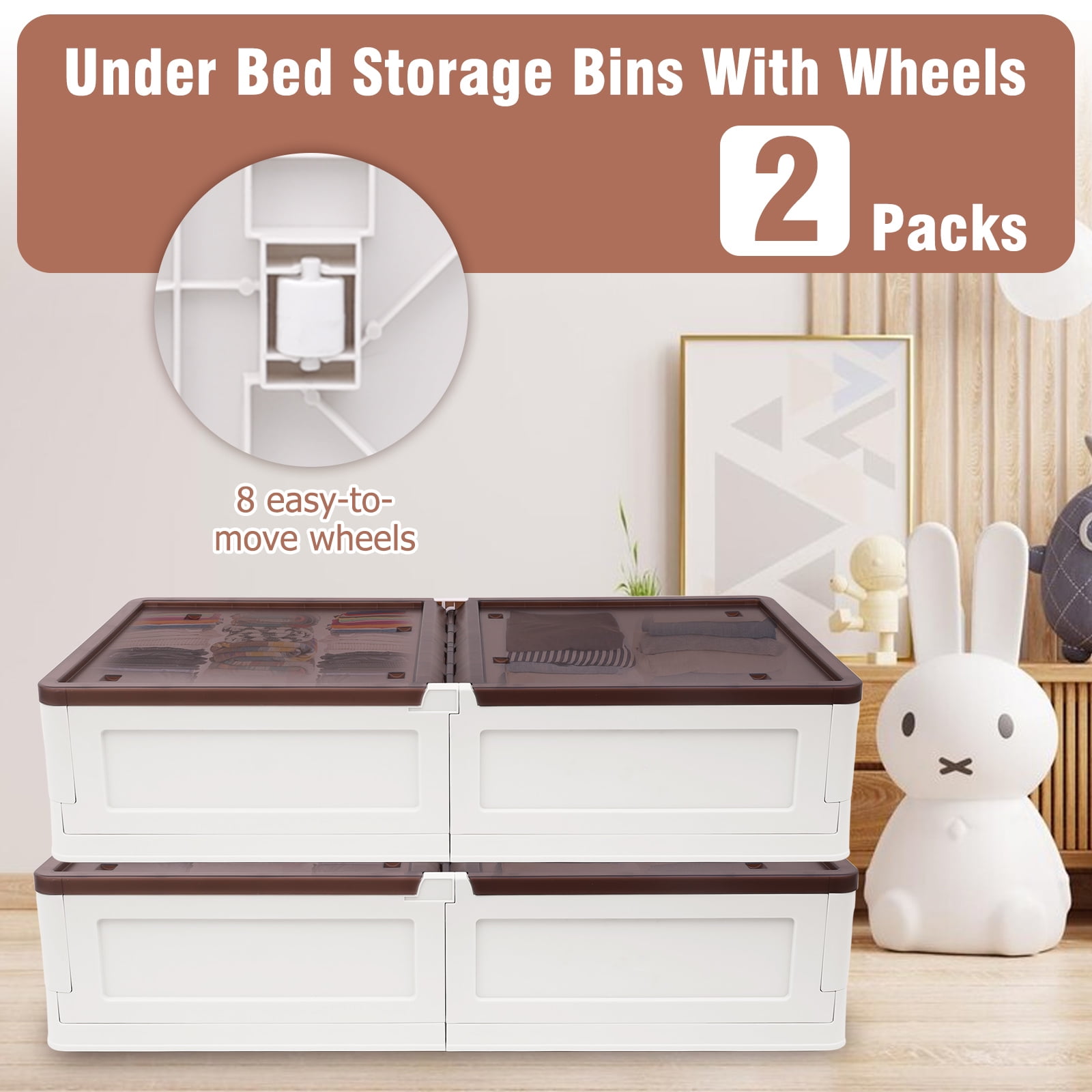 Plastic Underbed Storage Bins on Wheels, 2 PCS Large Wheeled Storage
