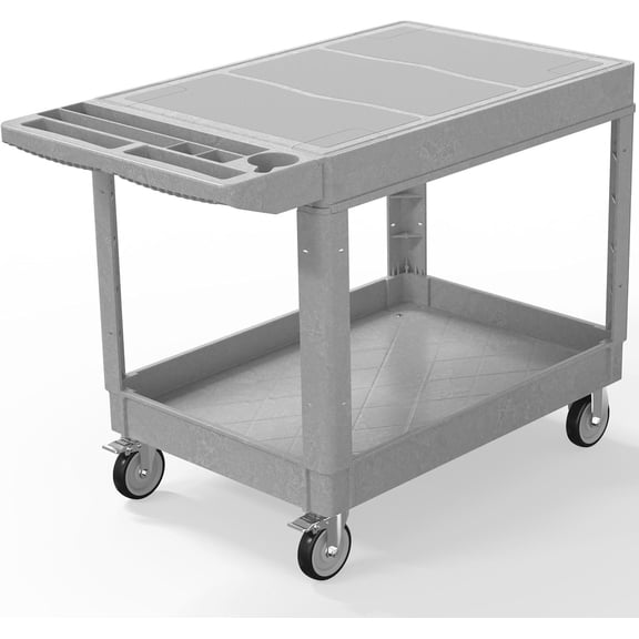 Plastic Utility Cart Wheels, Large Flat Top Rolling Service Cart-Gray | 46 x 25 Inch 2 Shelf Work Carts, 500 lbs Capacity Heavy Duty Tool Cart W/Tub Storage, for Warehouse, Garage, Cleaning