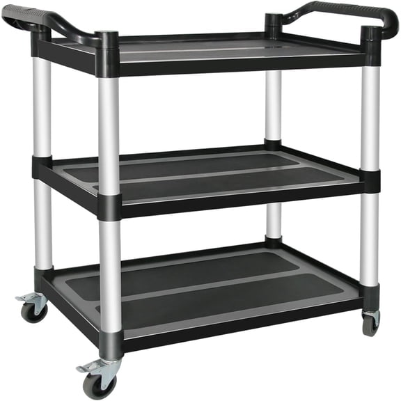 Plastic Utility Carts with Wheels, 3-Tier Restaurant Cart, Heavy Duty Rolling Cart Service Cart 420LBS, Bus Cart with Lockable Wheels and Rubber Hammer for Warehouse/Kitchen, Black