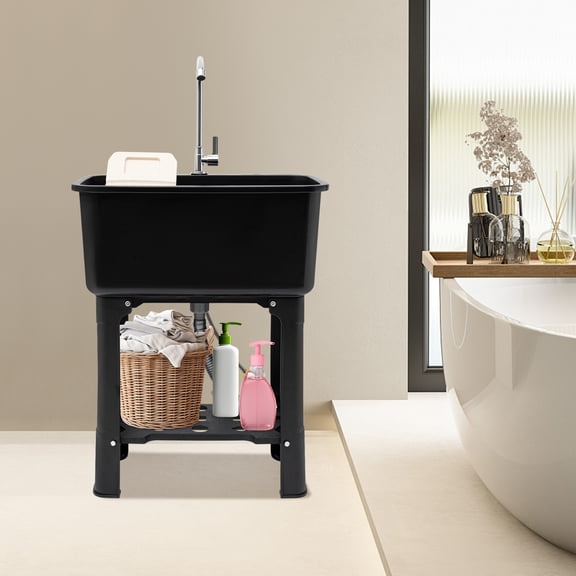 Plastic Utility Sink, Freestanding Utility Sink with Faucet, 360 Rotatable Faucet Laundry Sink, Heavy Duty Plastic Laundry Tub for Restaurants, Shop, Workshop, Basement