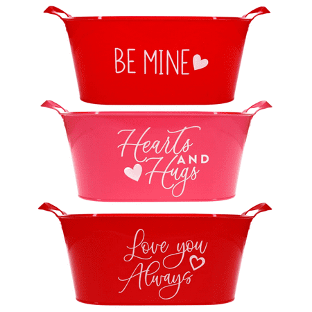 Plastic Valentines Day Red and Pink Love Sentiment Buckets with Handles, Set of 3