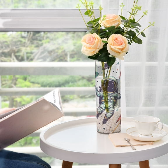 Plastic Vase 11.8"×3.9" Translucent Cylinder Vase Durable Flower Vase Storage Bottle for Modern Home Wedding Decor Astronauts Floating Around The Rocket
