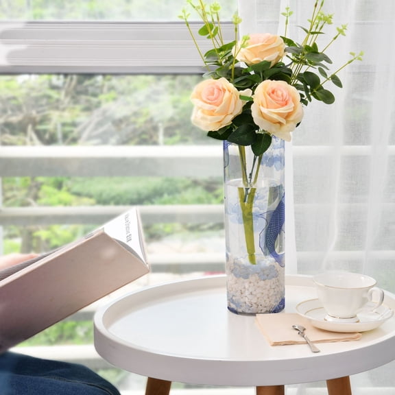 Plastic Vase 11.8"×3.9" Translucent Cylinder Vase Durable Flower Vase Storage Bottle for Modern Home Wedding Decor Blue Koi Fish
