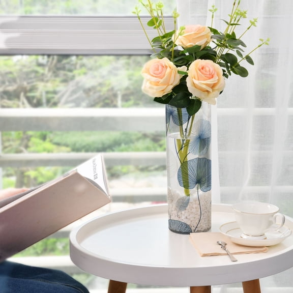 Plastic Vase 11.8"3.9" Translucent Cylinder Vase Durable Flower Vase Storage Bottle for Modern Home Wedding Decor Blue and Beige Dandelion