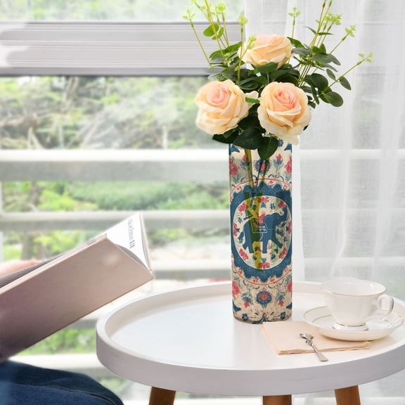 Plastic Vase 11.8"×3.9" Translucent Cylinder Vase Durable Flower Vase Storage Bottle for Modern Home Wedding Decor Blue and Red Tibetan Pattern