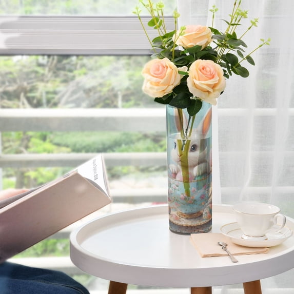 Plastic Vase 11.8"×3.9" Translucent Cylinder Vase Durable Flower Vase Storage Bottle for Modern Home Wedding Decor Bunny and Easter Teacup