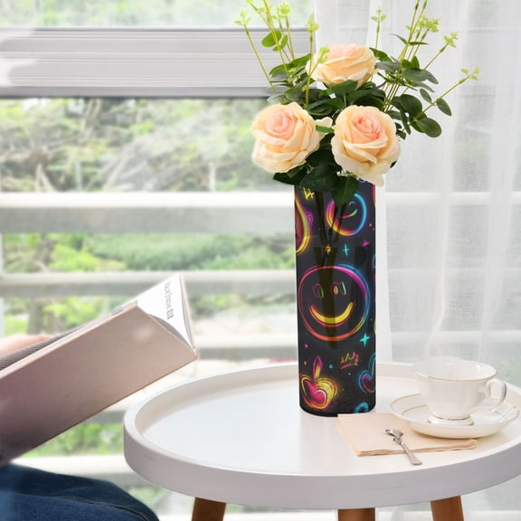 Plastic Vase 11.8"×3.9" Translucent Cylinder Vase Durable Flower Vase Storage Bottle for Modern Home Wedding Decor Cute Smiling Faces
