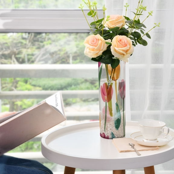 Plastic Vase 11.8"3.9" Translucent Cylinder Vase Durable Flower Vase Storage Bottle for Modern Home Wedding Decor Cute Watercolor Tulips