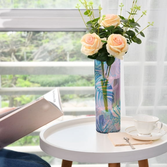 Plastic Vase 11.8"3.9" Translucent Cylinder Vase Durable Flower Vase Storage Bottle for Modern Home Wedding Decor Pastel Pink Palm Leaves