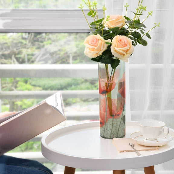 Plastic Vase 11.8"×3.9" Translucent Cylinder Vase Durable Flower Vase Storage Bottle for Modern Home Wedding Decor Red Blurred Flowers