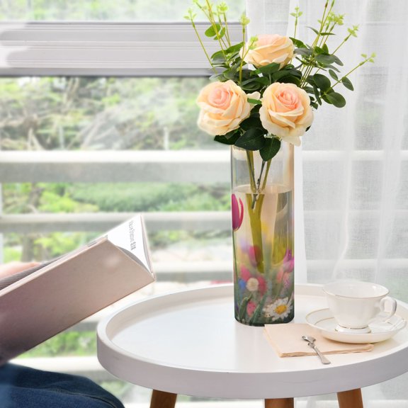 Plastic Vase 11.8"3.9" Translucent Cylinder Vase Durable Flower Vase Storage Bottle for Modern Home Wedding Decor Vibrant Red Tulips