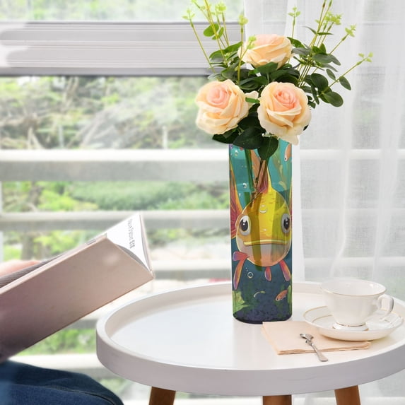 Plastic Vase 11.8"×3.9" Translucent Cylinder Vase Durable Flower Vase Storage Bottle for Modern Home Wedding Decor Yellow and Orange Fish