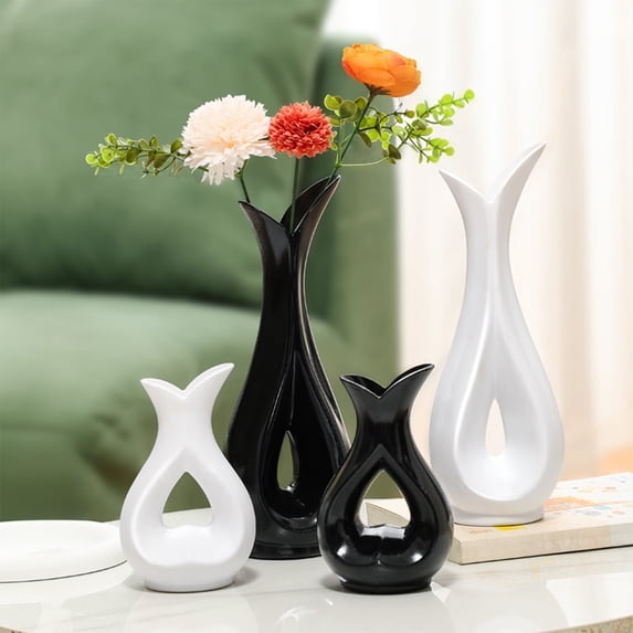 Plastic Vase Ceramic-Look | Non-Fragile Decorative Art Vase, White Black, 8.3in Tall | Lightweight Tabletop Centerpiece for Flowers, Living Room, Dining Table, Bookshelf, Modern House Gift, Wedding
