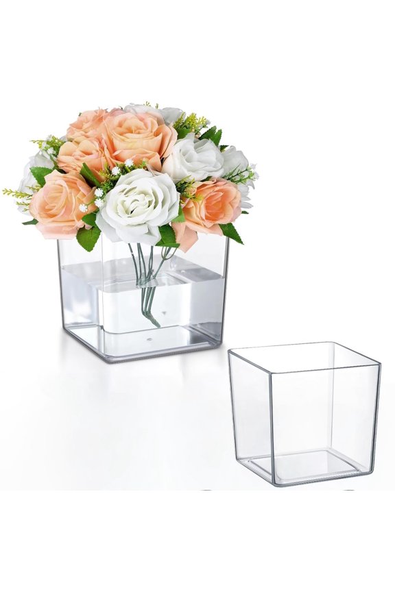 A Plastic Vase Clearance! Plastic Vases for Flowers 1 Pieces 15" X 15" Clear Square Acrylic Vases for Centerpieces Cube Plastic Flower Vase for Wedding Centerpieces Home Floral Plant