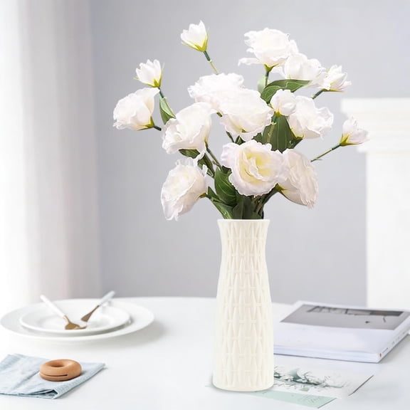 Plastic Vase for Dry and Wet Flower Arrangement Imitation Rattan Woven Decorative Flowerpot for Home Office Hotel Decor 8.27 Inch Tall Modern Geometric Container for Fresh or Dried Flowers