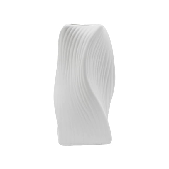 Plastic Vase with Ceramic Look, White Striped Decorative Tabletop Vase for Fresh or Artificial Flowers, 9x9x21cm