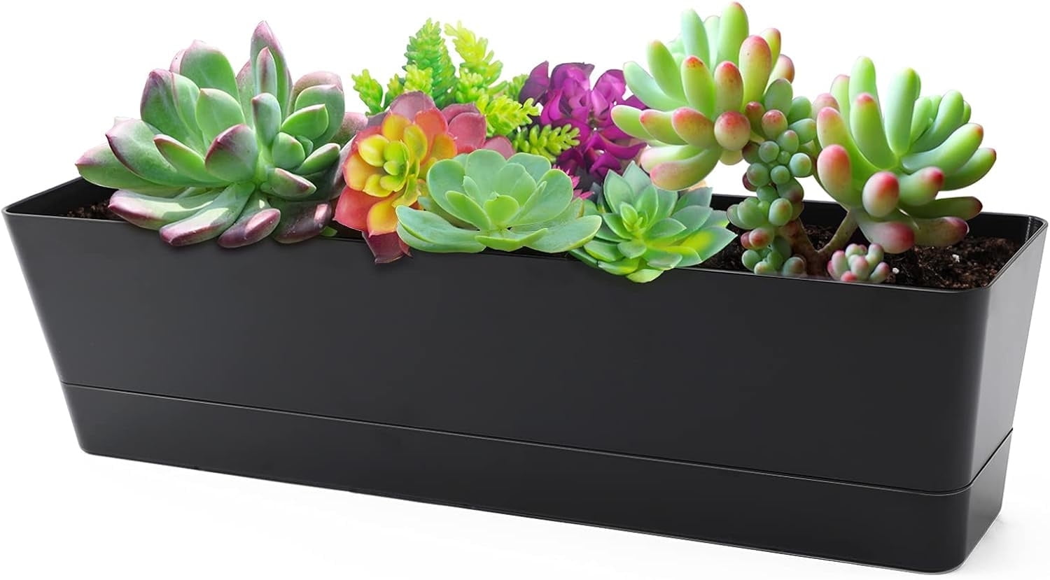 Plastic Vegetable Flower Planters Boxes,12x3.8x4.6In Rectangular Pots with Saucers & Drainage Holes,Black Garden Plant Decorative Pots for Windowsill