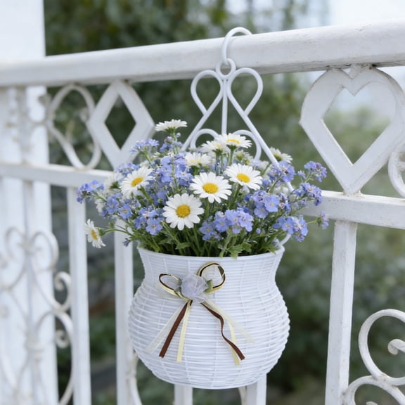 Plastic Vine Inspired Woven Wall Mounted Vase Flower Basket, No Drilling Indoor Outdoor Hanging Planter for Living Room Garden Patio Decor, White 9.84x5.12in Lightweight and Easy to Clean