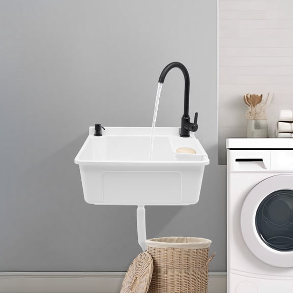 Plastic Wall-Mounted Utility Sink, Wall-Mounted Utility Tub with Hot&Cold Faucet