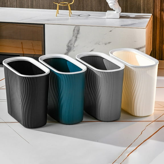 Plastic Wastebasket with Striped Design | Slim Narrow Trash Can for Bathroom Kitchen Garage Office | Space-Saving Garbage Bin | 10.43x10.23x6.10in | Blue Gray White