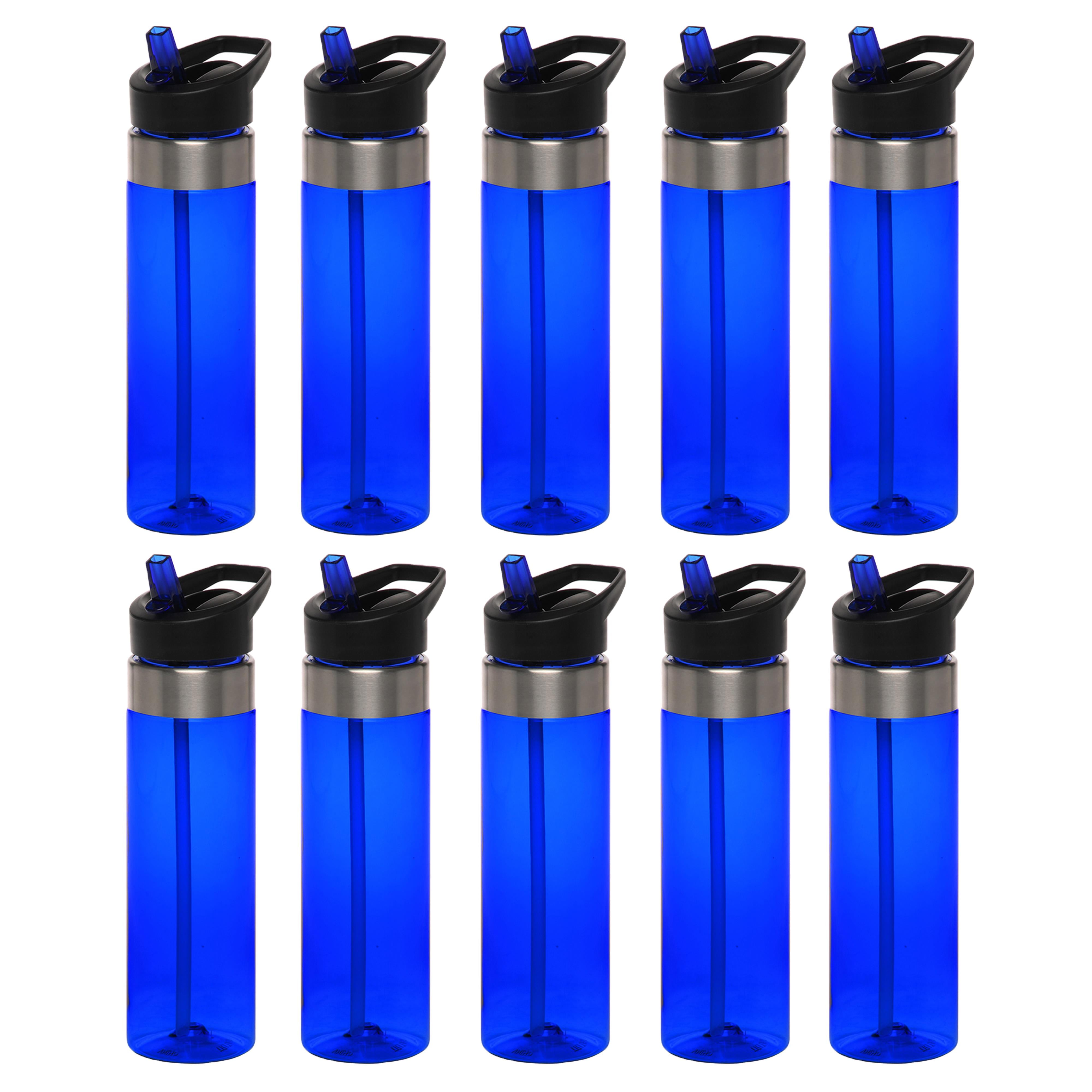 Plastic Water Bottle 24 oz with Inside Straw - BPA Free, Screw-On Cap, Flip Top Nozzle Mechanism - Slim Translucent Body - Eastman Tritan Copolyester - Blue - 10 Pack