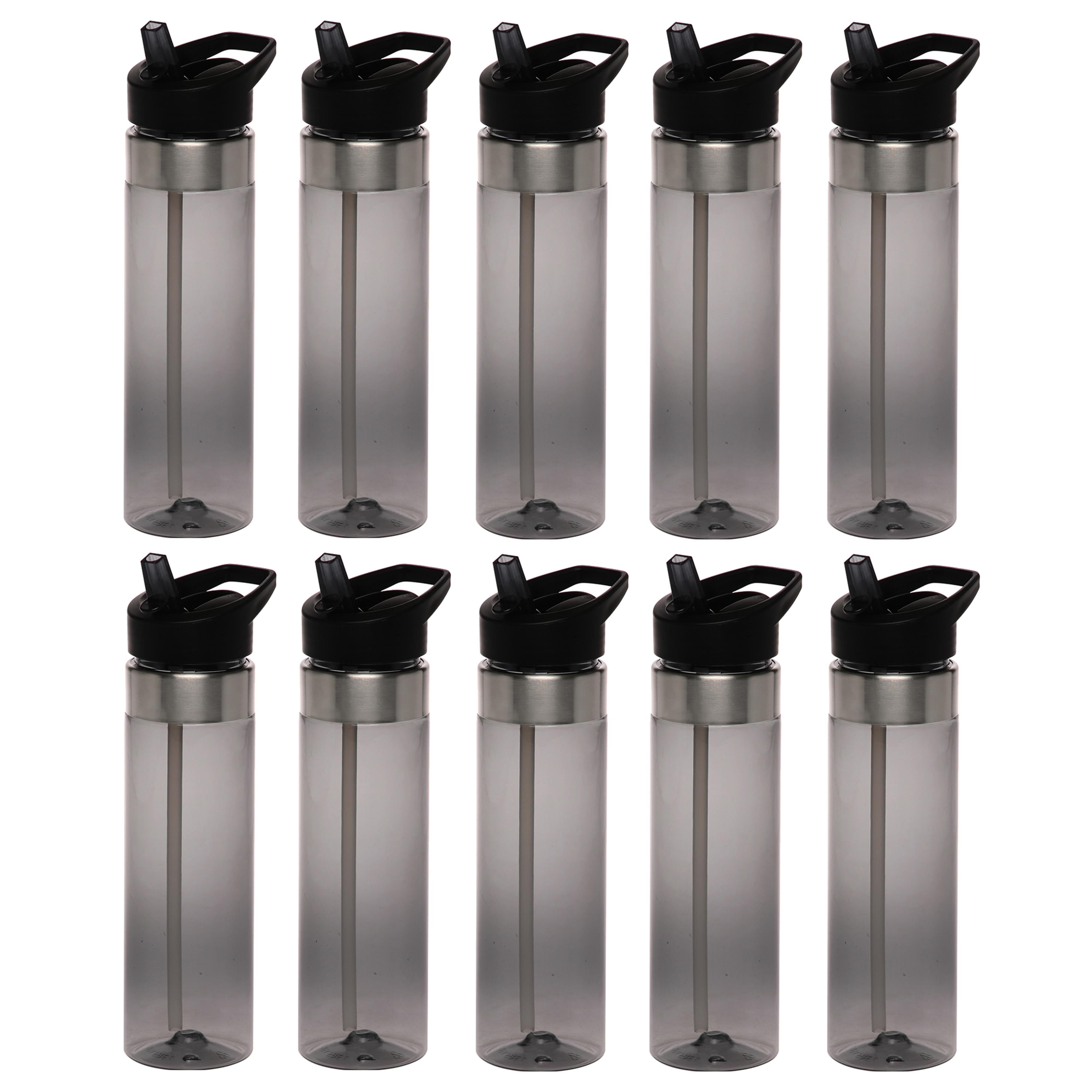 Plastic Water Bottle 24 oz with Inside Straw - BPA Free, Screw-On Cap, Flip Top Nozzle Mechanism - Slim Translucent Body - Eastman Tritan Copolyester - Charcoal - 10 Pack