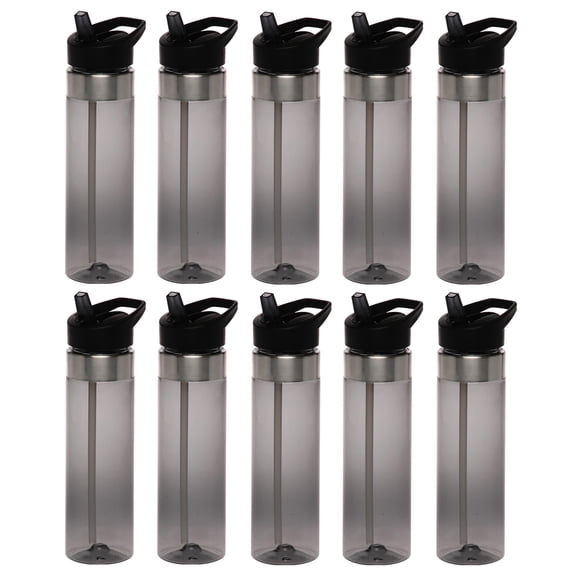 Plastic Water Bottle 24 oz with Inside Straw - BPA Free, Screw-On Cap, Flip Top Nozzle Mechanism - Slim Translucent Body - Eastman Tritan Copolyester - Charcoal - 10 Pack