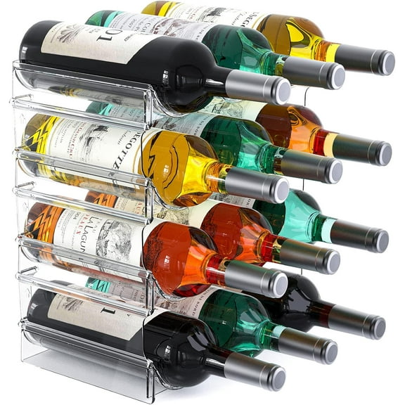 Plastic Water Bottle Organizer and Wine Rack Storage Holder,4 Tier 12 Containers Stackable Free-Standing for Kitchen Countertops, Table Top, Pantry, Bars, Cabinets, Fridge - Clear