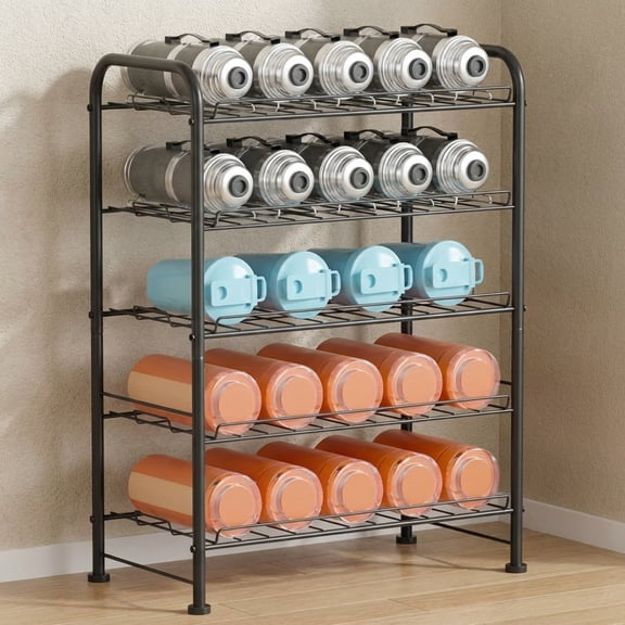 Plastic Water Bottle Storage Rack Bottled Water Holder Organizer Freestanding Floor Beverage Soda Drink Stand Shelf for Kitchen Pantry Can Storage, Black