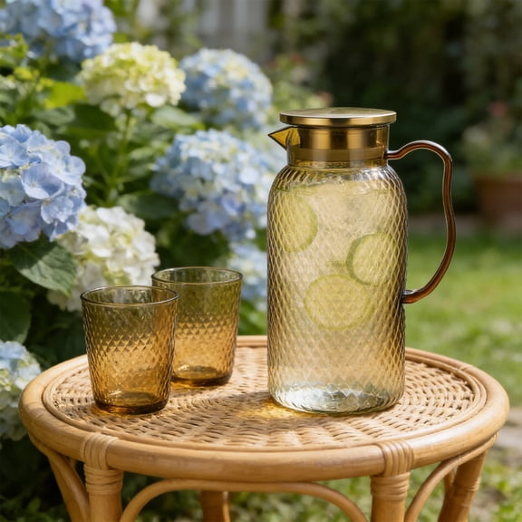 Plastic Water Pitcher 1L with Stainless Steel Strainer Lid, Heat Resistant Diamond Pattern Jug for Iced Tea, Juice, Fruit Infused Water, Bar and Restaurant Use