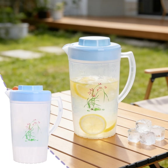 Plastic Water Pitcher,Orchid Pattern Clear Jug With Lid Large Capacity Cold Drink Container for Lemonade,Iced Tea,Milk And Beverage,6.69x8.86 Inch,Blue