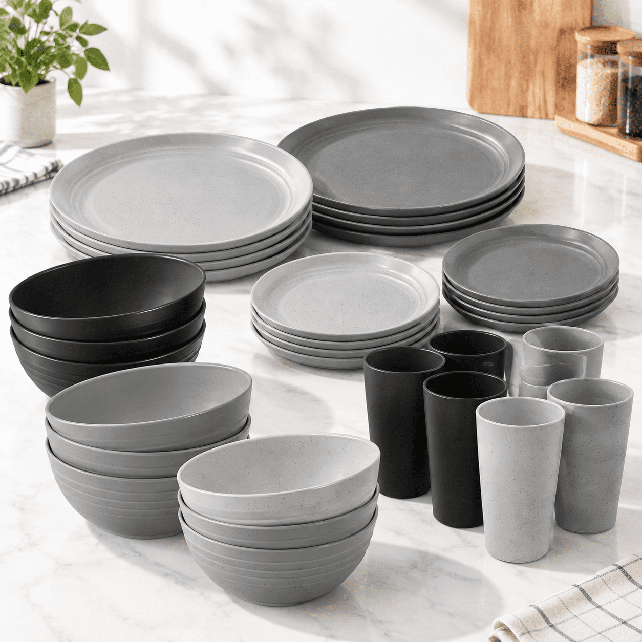 Main Course Dinner Set Plastic Wheat Dinnerware Set for 6, Gray, Light Gray, Black, Microwave ...