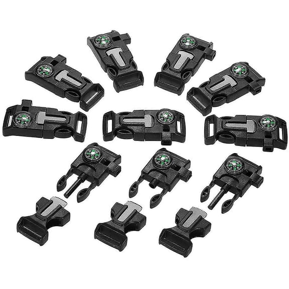 Plastic Whistle Quick Release Buckle Flint Igniter For Paracord Bracelet Outdoor Camping Emergency Survival Buckle (10 Pieces, Black