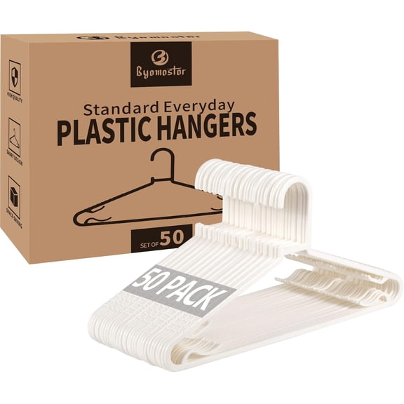 Plastic White Hangers 50 Pack, Light Weight Durable Clothes Hangers G-Shape Hangers Standard Size Ideal for Tank T-Shirts Dresses Jackets Suits Blouses Ties Leggings