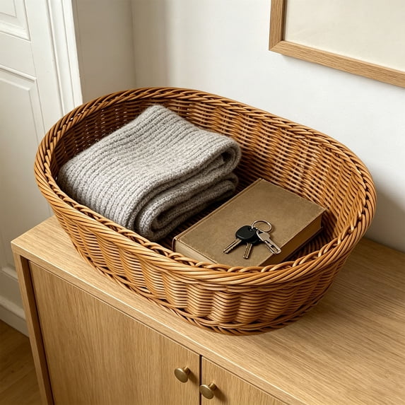 Plastic Wicker Basket, Imitation Rattan Woven Storage Bin for Kitchen Counter, Bread Serving Tray, Fruit and Snack Organizer for Pantry, Tabletop, or Outdoor Use