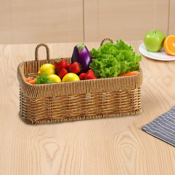 Plastic Wicker Bread Basket with Handle, Rectangular Imitation Rattan Fruit Storage Baskets - Empty Gift Basket for Vegetables, Food Serving, Display, Outdoor Display Baskets for Christmas