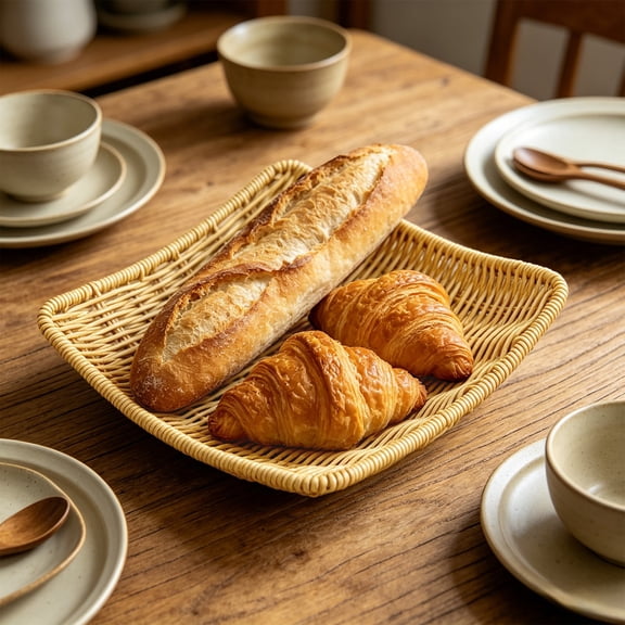Plastic Wicker Imitation Rattan Woven Food Basket, Round Waterproof Bread Fruit Serving Tray and Snack Catchall Tray for Restaurant, 1-Piece
