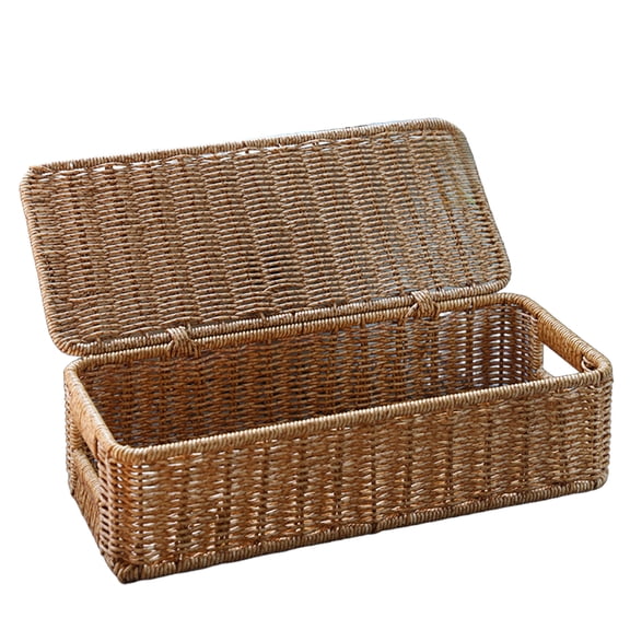 Plastic Wicker Narrow Storage Box with Lid, Mini Desk Organizer for Small Items, Farmhouse Desktop Catchall